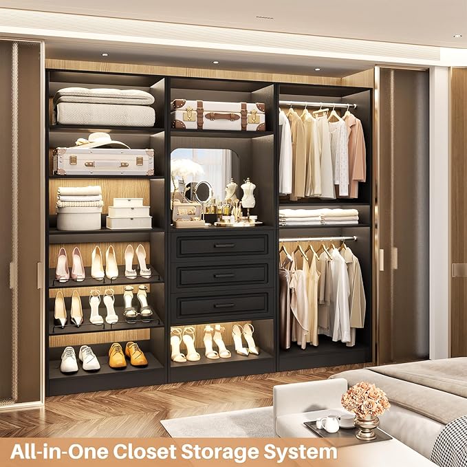 Unikito Modular Closet System with 3 Sets, 75”Closet Organizer System With Drawers, Mirror, Hanging Rods and Adjustable Shelves, Freestanding Wood Wardrobe Garment Rack, Walk in Closet Tower, Black