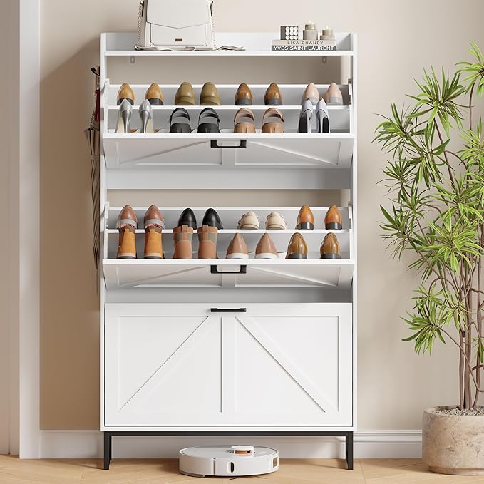 Shoe Cabinet with 3 Flip Drawers, Freestanding Hidden Shoe Storage Organizer for Entryway, Narrow Slim Shoe Rack Cabinet with Open Storage & Hooks for Front Door Entrance, Living Room, Hallway, White