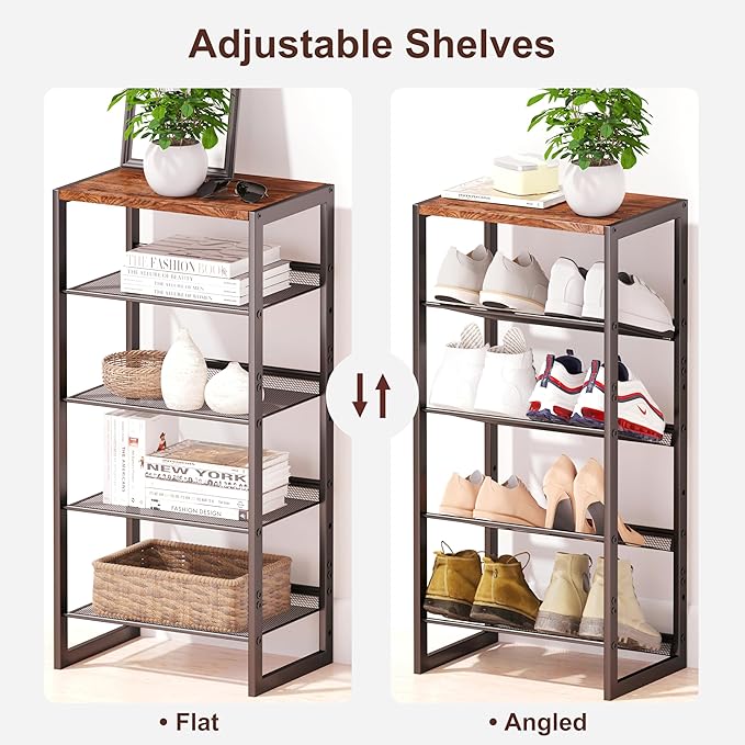 Narrow 5-Tier Shoe Rack, Slim Space-Saving Shelf with Decorative Wood Top & Steel Mesh, Entryway/Closet/Dorm Organizer, 16.5x11.8x36 Inches