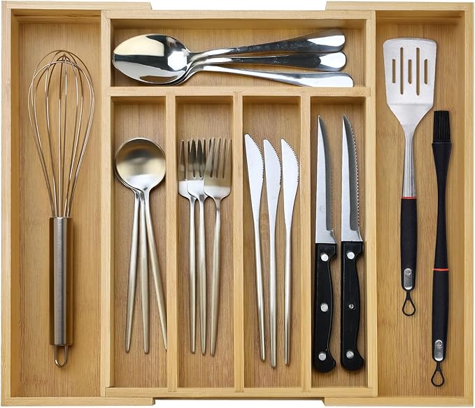 Large Bamboo Kitchen Utensil Drawer Organizer Expandable Flatware Silverware Tray Adjustable Cutlery Drawer Organizer Divider Insert Wood Silverware Utensil Holder Tray Spoon and Fork Organizer