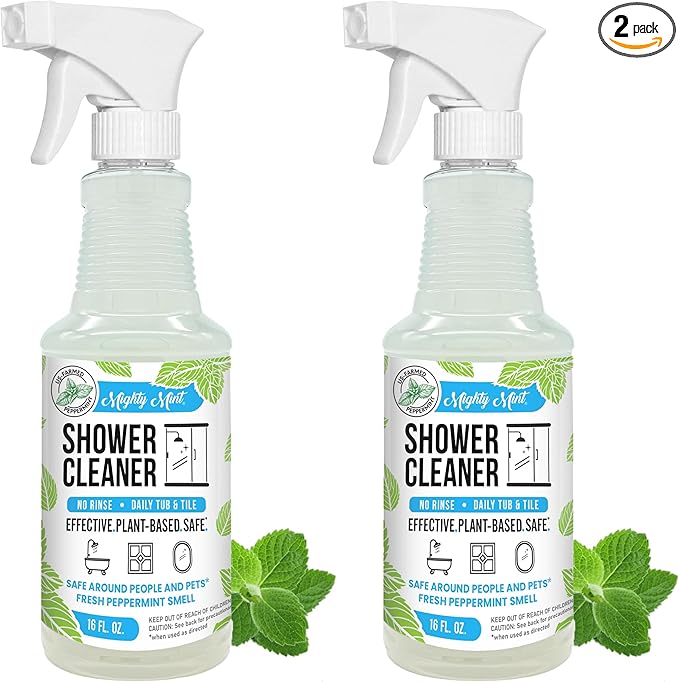 Mighty Mint Shower Cleaner, No-Rinse, No-Scrub, Daily Spray for Glass, Tile, Grout, Fresh Peppermint Scent, 16oz (Pack of 2)