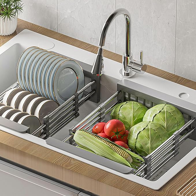 Large Dish Drying Rack - Extendable Dish Rack, Multifunctional Dish Rack for Kitchen Counter, Anti-Rust Dish Drainers with Cutlery and Cup Holders (Grey)