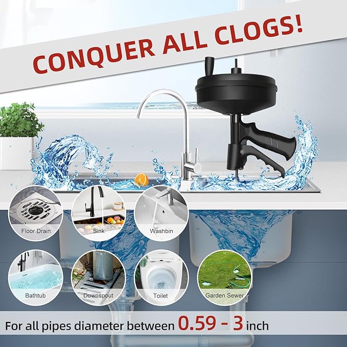 Drain Clog Remover - Fast Unclog Snake | Manual/Drill Powered for Kitchen Sink, Bathtub | Heavy Duty w/Gloves +Storage Bag (Black) (35FT)