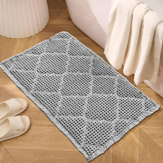 ZALL Waffle Bath Mat,Super Absorbent Non Slip Bathroom Rug,Grey 24x36inch,Geometric Diamond Machine Washable Ultra Soft Floor Mats Gray