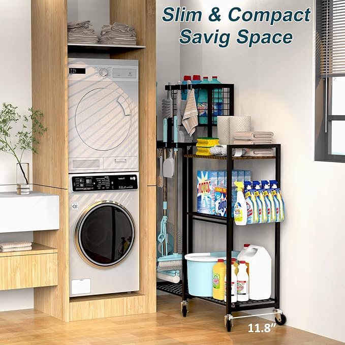 Broom Holder with Cleaning Supplies Organizer, Cleaning Cart with Broom Hanger, Broom and Mop Holder with Wheels,11 Mop Hanger Grippers & 6 Hooks, Broom Organizer for Laundry, Garage, Tool Room