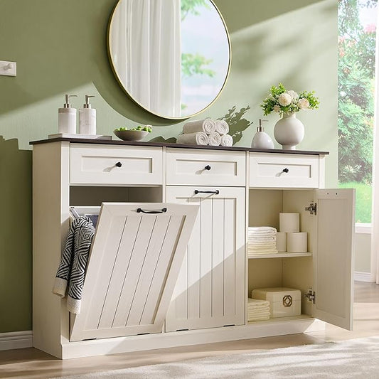 Triple Tilt Out Laundry Hamper Cabinet, 20 Gallon Farmhouse Trash Can Cabinet w/Drawer & Adjustable Shelf, Hidden Garbage Can Bin Cabinets w/Laundry Basket for Bathroom, Kitchen (Antique White)