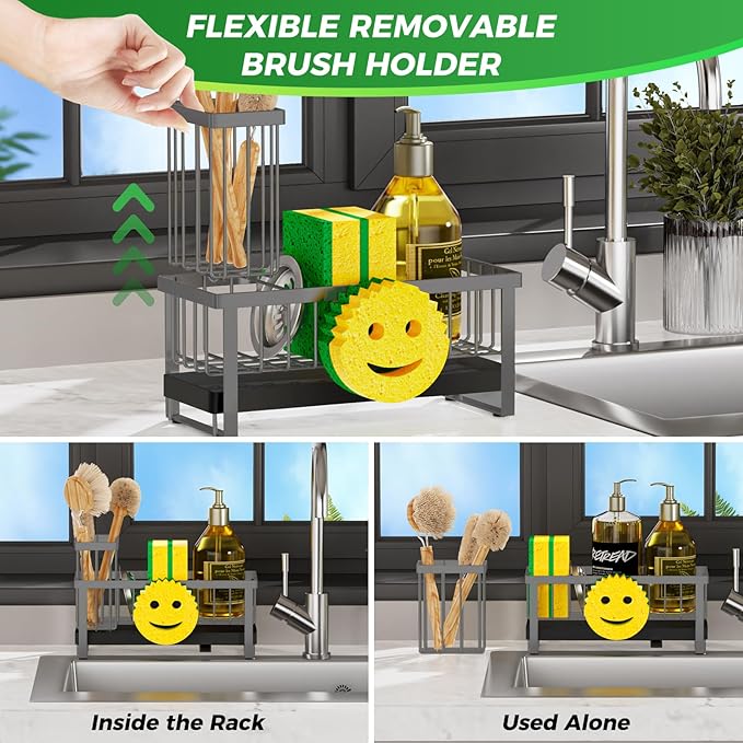 Sponge Holder for Kitchen Sink,Sink Caddy with Removable Dish Brush Holder,Self-Draining Kitchen Countertop Organizers and Storage Essentials,Soap Dispenser Organize and Home Decor-Gray