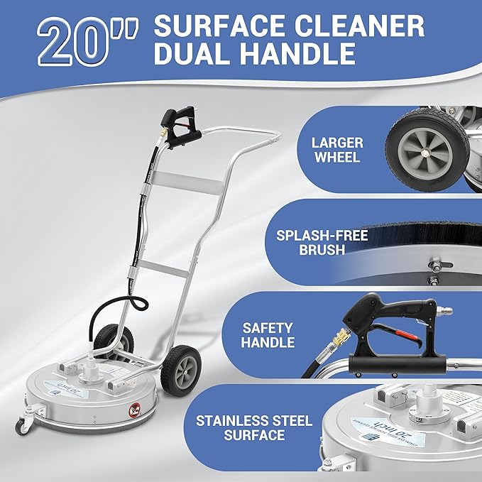 RIDGE WASHER 20’’ Surface Cleaner Dual Handle, Stainless Steel Bigger Stable Wheels Pressure Washer Surface Cleaner, Power Washer Surface Cleaner for Cleaning Driveways, Sidewalks, Patios
