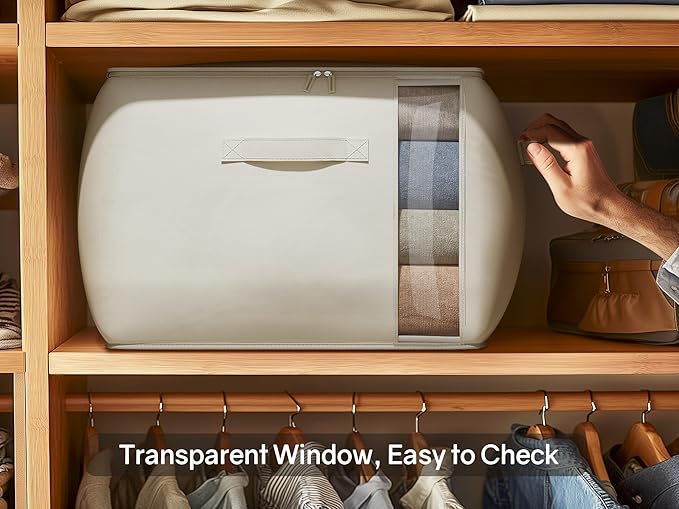 Large Canvas Clothes Storage Bags with Thick Handles and Clear Window, Foldable Cotton Linen Underbed Closet Organizer for Clothing, Blankets and Bedding, 60L, 4 Pack, Beige