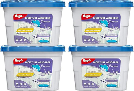 Bagus Moisture Absorbers Boxes (4 Pack) - 10.5 Oz Dehumidification Containers for Closet, Bathroom, Storage, Kitchen, Car, RV, Boat | Long-Lasting Humidity Control & Odor-Free Solution(Lavender Scent)
