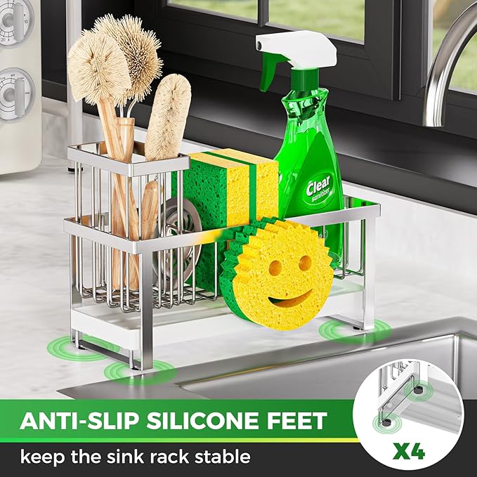 Sponge Holder for Kitchen Sink,Sink Caddy with Removable Dish Brush Holder,Self-Draining Kitchen Countertop Organizers and Storage Essentials,Soap Dispenser Organize and Home Decor-Silver