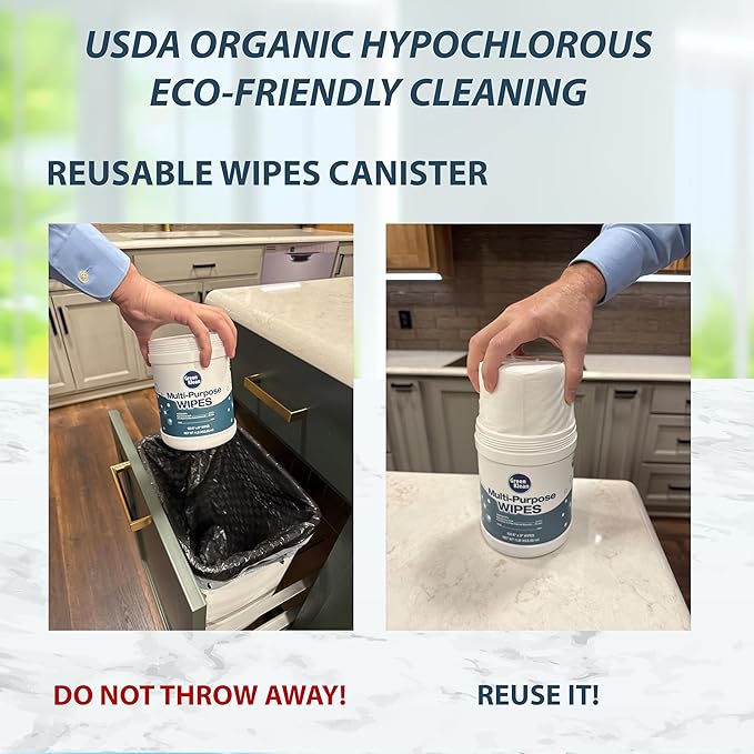 Hypochlorous Acid Wipes Starter Kit – 100 Count Dry Wipes with 32 oz Organic HOCl Cleaning Solution– Disinfecting Wipes for Skin, Baby, Pet & Home in a Reusable Container
