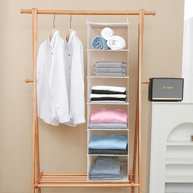 Large Hanging Sweater Organizer for Closet,Collapsible 6-Shelf Hanging Closet Shelves with Drawers, Washable (Beige -6 Shelf)