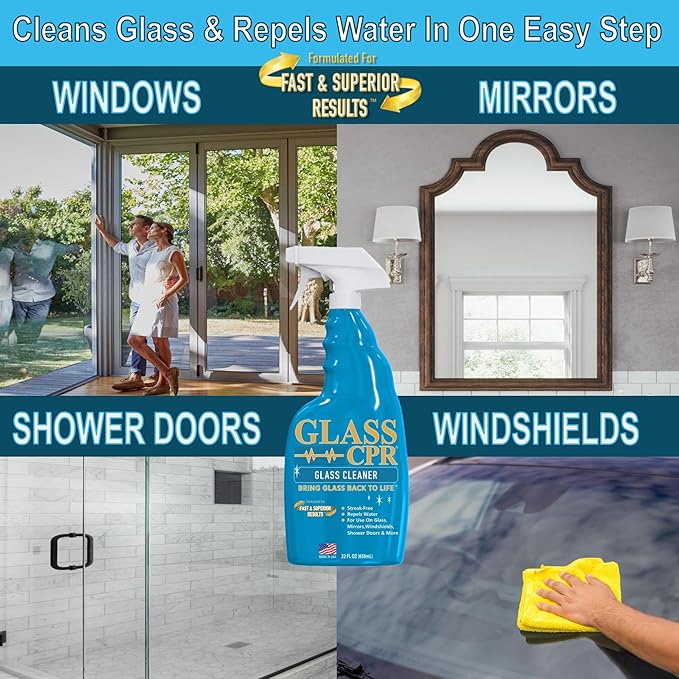 Glass CPR 2-in-1 Glass Cleaner & Water Repellent (22oz) | Deep Cleaning for Glass, Mirrors, Windows, Windshields, Shower Doors (2 Pack)