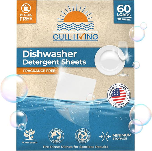 Gull living Eco-Friendly Dishwasher Detergent Sheets - Natural Dishwashing Detergent - Plant Based Dishwasher Soap Sheets - Unscented & Plastic Free Travel Size 60 Loads with sustainable Packaging.