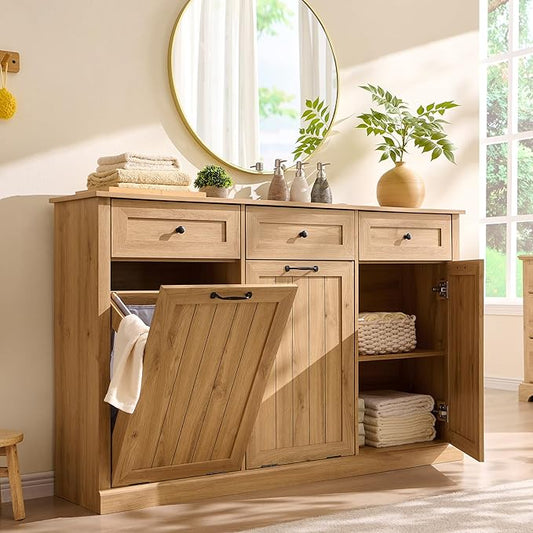 Triple Tilt Out Laundry Hamper Cabinet, 20 Gallon Farmhouse Trash Can Cabinet w/Drawer & Adjustable Shelf, Hidden Garbage Can Bin Cabinets w/Laundry Basket for Bathroom, Kitchen (Natural)