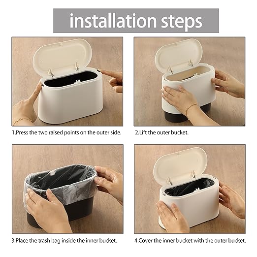 Mini Trash Can for Desk, Tiny Plastic Countertop Garbage Can with Lid, Easy to use and Keep Desktop Clean for Vanity, Bedside, Bathroom and Kitchen with 3 Rolls Trash Bags