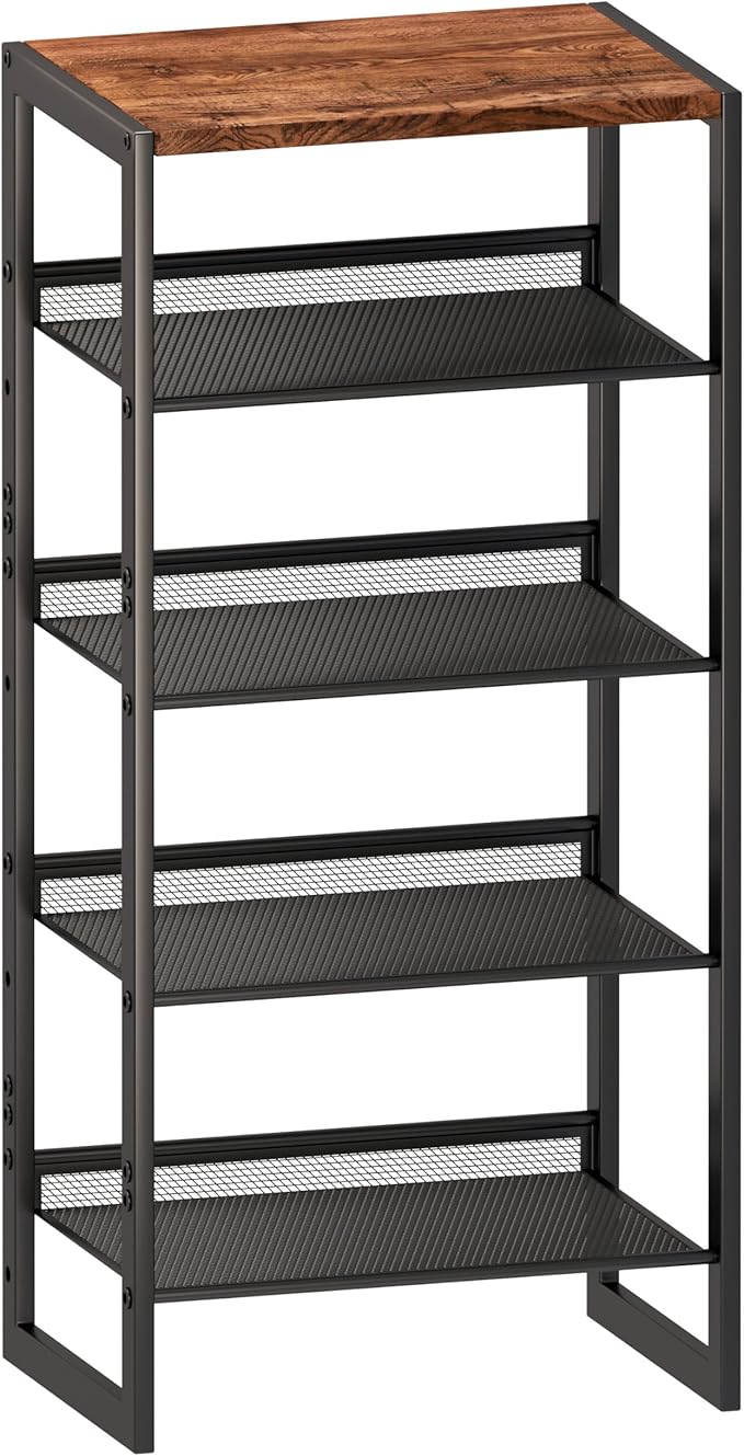Narrow 5-Tier Shoe Rack, Slim Space-Saving Shelf with Decorative Wood Top & Steel Mesh, Entryway/Closet/Dorm Organizer, 16.5x11.8x36 Inches