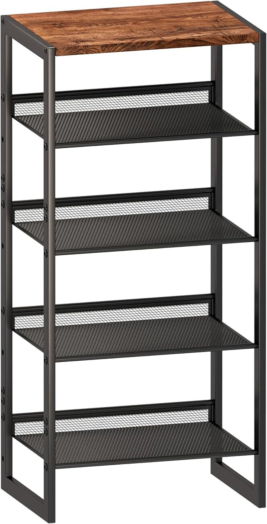 Narrow 5-Tier Shoe Rack, Slim Space-Saving Shelf with Decorative Wood Top & Steel Mesh, Entryway/Closet/Dorm Organizer, 16.5x11.8x36 Inches