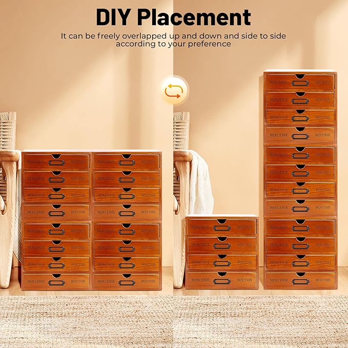 4PCS Card Catalog Desk Drawer Organizer,Wooden Vintage Apothecary Cabinet with 16 Drawers,Library Card Catalog Cabinet for Bedroom Home Office