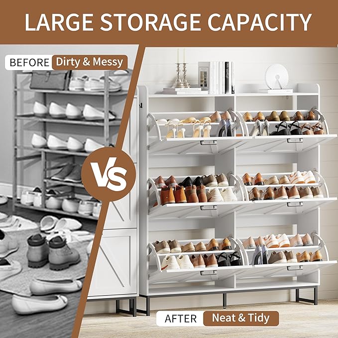 Shoe Cabinet with 6 Flip Drawers, Freestanding Hidden Shoe Storage Organizer for Entryway, Narrow Slim Shoe Rack Cabinet with Open Storage & Hooks for Front Door Entrance, Living Room, Hallway, White