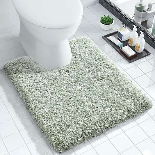Yimobra Toilet Rugs U Shaped Washable 24x20, Ultra Soft and Water Absorbent Bath Mats, Non Slip Fluffy Shaggy Luxury Microfiber Contour Bath Rugs for Toilet, Dry Quick, Light Green and White