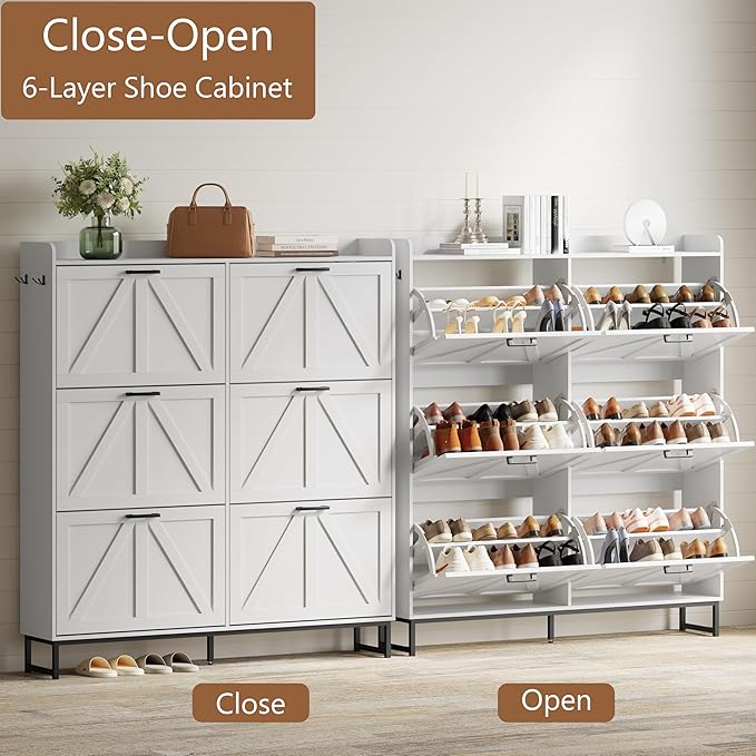Shoe Cabinet with 6 Flip Drawers, Freestanding Hidden Shoe Storage Organizer for Entryway, Narrow Slim Shoe Rack Cabinet with Open Storage & Hooks for Front Door Entrance, Living Room, Hallway, White