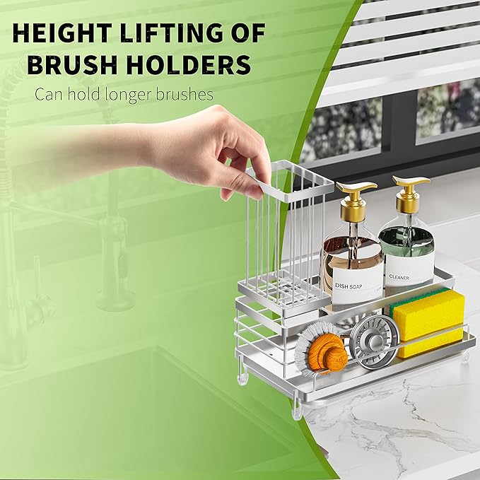 Cisily Stainless Steel Kitchen Sink Caddy Organizer, Sponge Holder for Sink Rustproof, Non-Slip Soap Dish Dispenser Brush Holder Storage, Home & Kitchen Essentials Accessories (Stainless Steel)