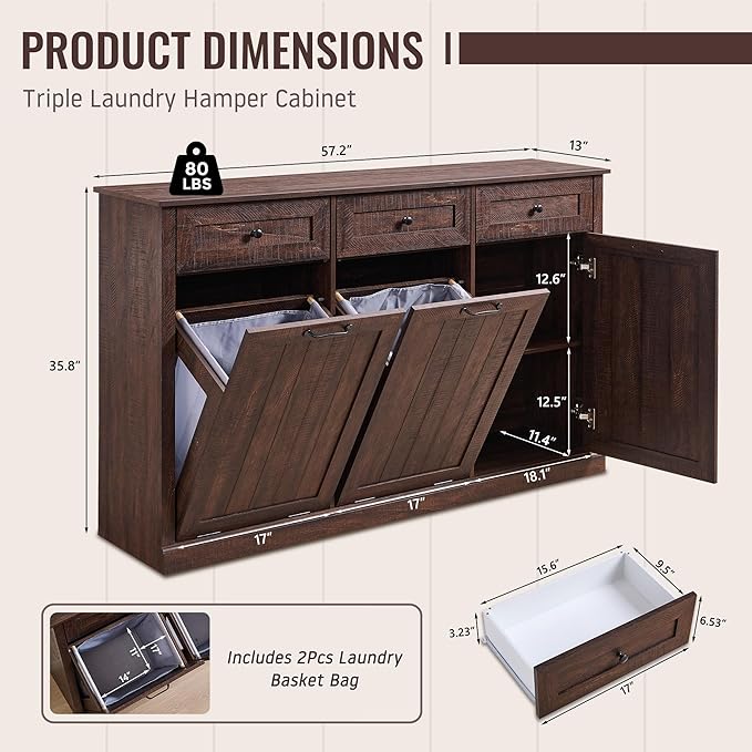 Triple Tilt Out Laundry Hamper Cabinet, 20 Gallon Farmhouse Trash Can Cabinet w/Drawer & Adjustable Shelf, Hidden Garbage Can Bin Cabinets w/Laundry Basket for Bathroom, Kitchen (Brown)