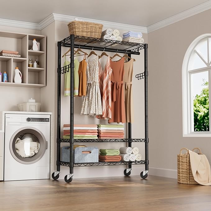 Heavy Duty Clothes Rack Rolling Garment Rack,3 Tier Adjustable Wire Shelving Clothing Racks for Hanging Clothes with Hanger Rod&Side Hooks,Freestanding Wardrobe Storage Rack Metal Portable Closet