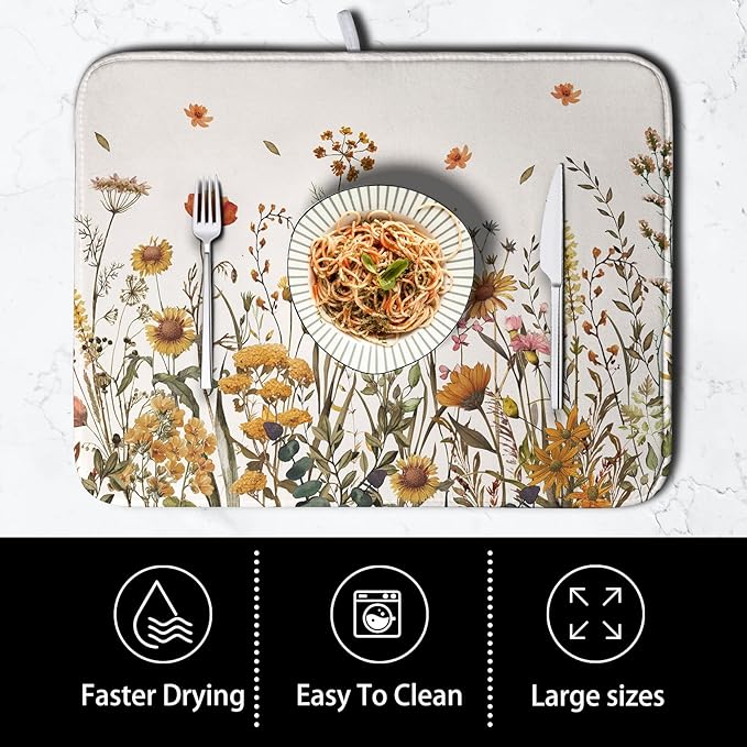 Fall Floral Dish Drying Mat for Kitchen Counter Autumn Burnt Orange Wild Flowers Dish Draining Mat Absorbent Microfiber Dishes Pad Washable Dish Drainer Rack Mat Large 18"x24"
