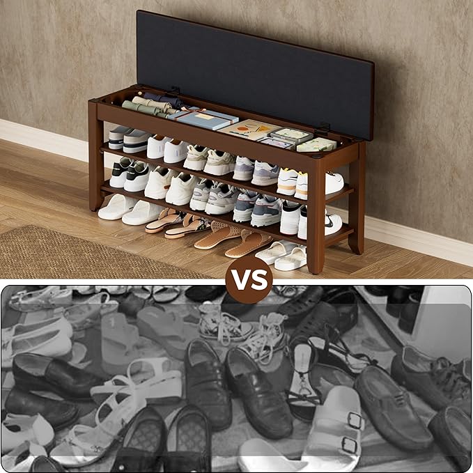 Shoe Rack Bench with Flip-Top Storage, Solid Wood Entryway Bench with Cushion, Adjustable Shelf, for Hallway, Mudroom, Closet – Walnut, 39.4"