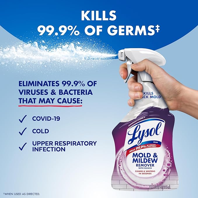 Lysol Mold & Mildew Remover Spray, Bathroom & Shower Cleaner, Disinfectant Spray, Stain Remover with Bleach, Tough on Black Mold, Multipurpose Cleaner for Home and Kitchen, 32oz (Pack of 4)