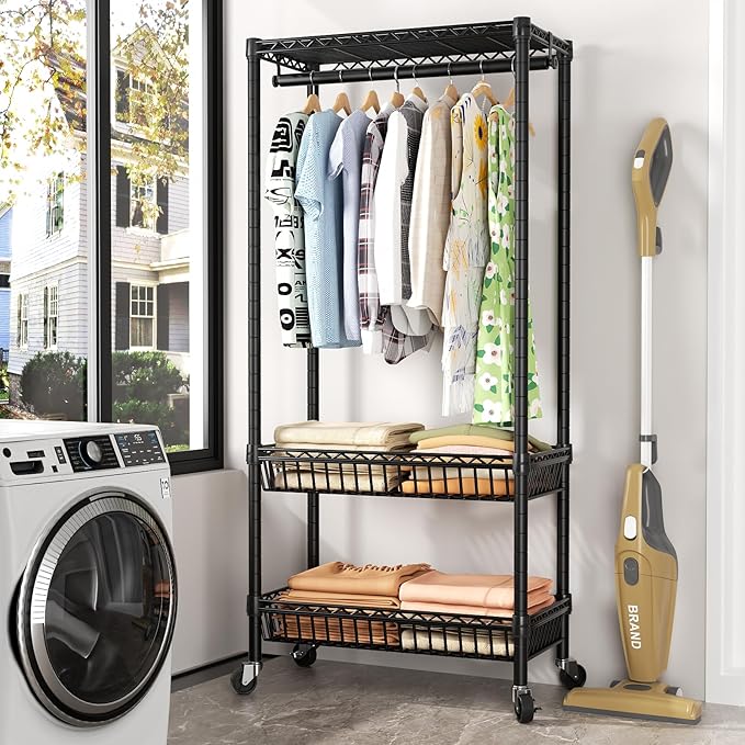 Heavy Duty Clothes Rack Rolling Garment Rack,Adjustable Wire Shelving Clothing Racks for Hanging Clothes with Hanger&Double Basket,Freestanding Metal Wardrobe Storage Portable Closet