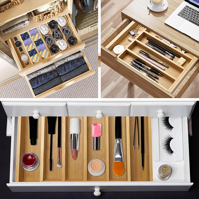 Large Bamboo Kitchen Utensil Drawer Organizer Expandable Flatware Silverware Tray Adjustable Cutlery Drawer Organizer Divider Insert Wood Silverware Utensil Holder Tray Spoon and Fork Organizer