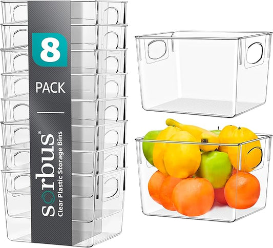 Sorbus Medium Clear Plastic Storage Bins for Shelves, Clothes, with Handle - Clear Storage Bins, Drawer, Shelf, Closet, Pantry, Fridge, Freezer Organizer Bins, Closet Organizers and Storage (8 pack)
