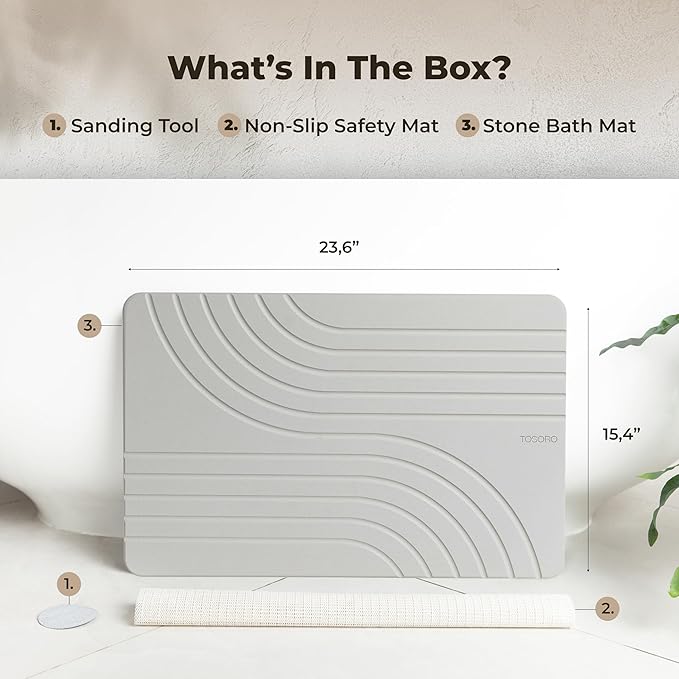Stone Bath Mat, Diatomaceous Earth Non-Slip Stone Shower Mat - Quick Drying Absorbent Bath Mats for Bathroom - Elegant & Modern Design, Easy to Clean (23.5 x 15) - Grey