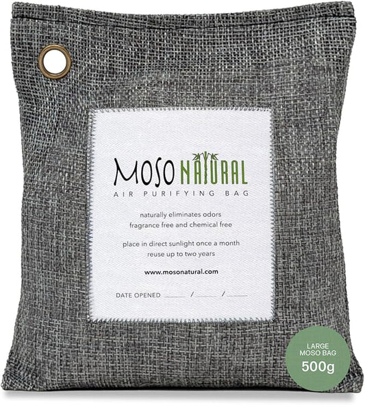 Moso Natural Air Purifying Bag 500g | Premium Bamboo Charcoal Odor Absorber for Home, Bedroom, Kitchen, Basement | Unscented Pet Odor Eliminator | Large Room Charcoal Deodorizer Bag Covers 250sqft