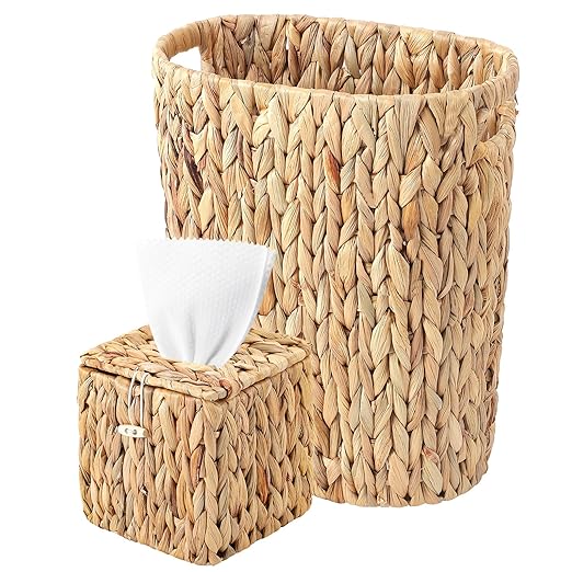 Water Hyacinth Trash Can 15L & Wicker Square Tissue Box, Handwoven Waterproof Waste Basket with Handles, Wicker Home Set for Bedroom, Bathroom, Kitchen, Office, Balcony (Khaki)
