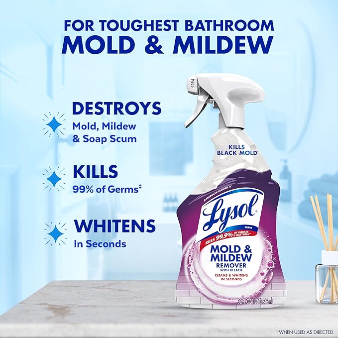 Lysol Mold & Mildew Remover Spray, Bathroom & Shower Cleaner, Disinfectant Spray, Stain Remover with Bleach, Tough on Black Mold, Multipurpose Cleaner for Home and Kitchen, 32oz (Pack of 4)