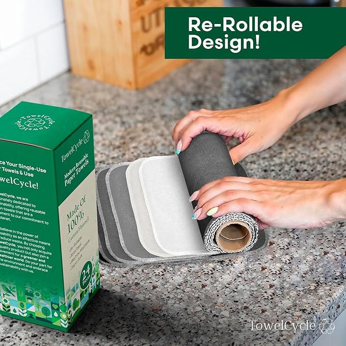 Reusable Paper Towels (24 Pack) - 100% Cotton Hand Towels for Kitchen - Zero Waste Cleaning Cloths - Washable Paper Towels - Reusable Napkins Paper Towel Alternative - Eco Friendly Gifts
