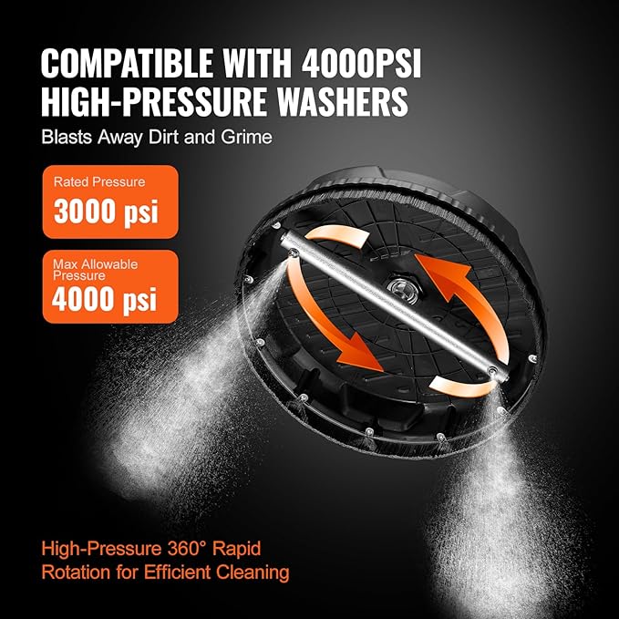 VEVOR Universal 15" Pressure Washer Surface Cleaner, Pressure Washer Attachment 4000 Max PSI, 1/4" Quick-Connect Connector Concrete Cleaner, Heavy Duty Power Washer for Floor Driveway, Patio,Sidewalk