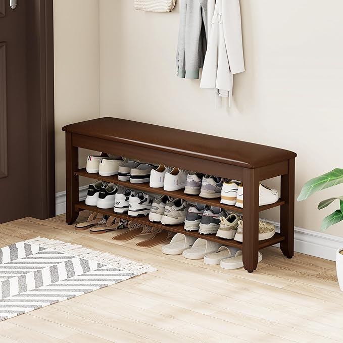 Shoe Rack Bench with Flip-Top Storage, Solid Wood Entryway Bench with Cushion, Adjustable Shelf, for Hallway, Mudroom, Closet – Walnut, 39.4"