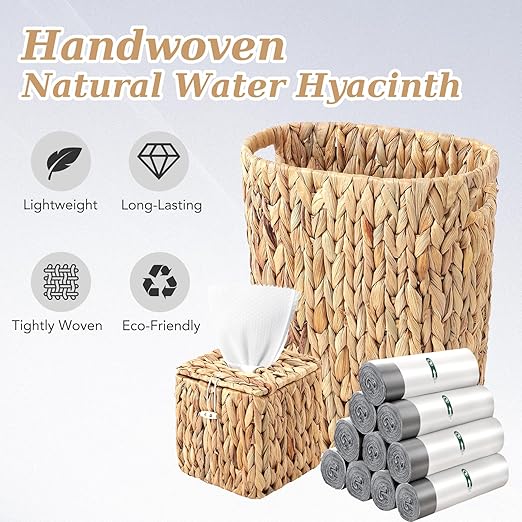 BSSN Wicker Trash Can with 150 Count 5 Gallon Trash Bag, Square Tissue Box Holder, Handwoven Waterproof Waste Basket 15L with Handles, Wicker Home Set for Bedroom, Bathroom, Kitchen (White Trash Bag)