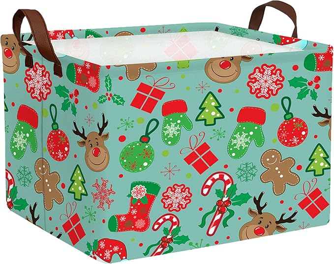 Large Christmas Gifts Empty Baskets Kids Collapsible Holiday Storage Bin with Handle (Deer Head Red Socks Hat)