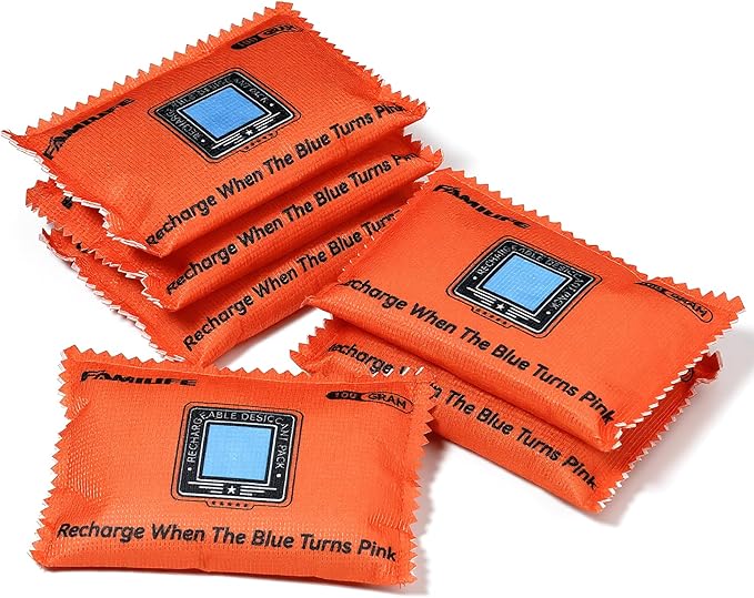 FAMILIFE 100g Rechargeable Desiccant Packs for Storage, Reusable Dehumidifier Bags Color Indicating Silica Gel Packets Portable Moisture Absorbers for Storage Bins, Car, Closet, Gun Safe, Electronics