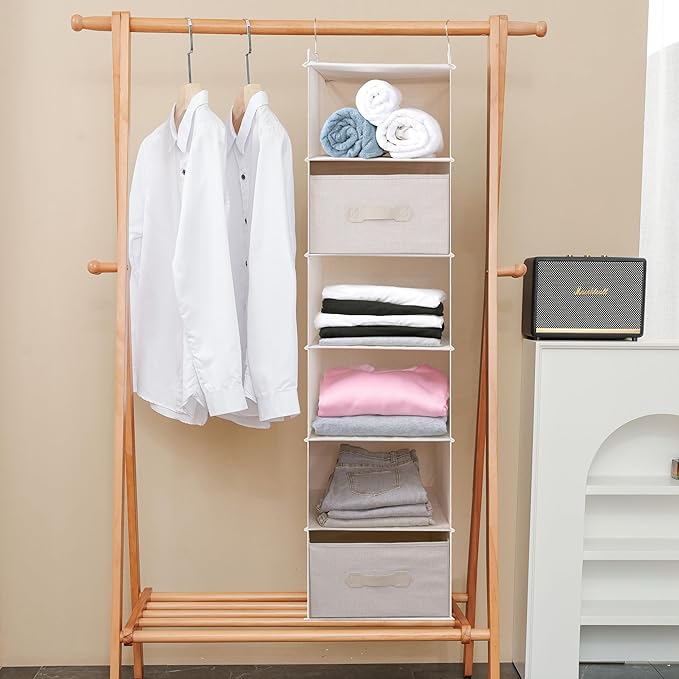 Large Hanging Sweater Organizer for Closet,Collapsible 6-Shelf Hanging Closet Shelves with Drawers, Washable (Beige -6 Shelf-2 d)
