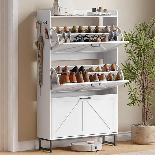 Shoe Cabinet with 3 Flip Drawers, Freestanding Hidden Shoe Storage Organizer for Entryway, Narrow Slim Shoe Rack Cabinet with Open Storage & Hooks for Front Door Entrance, Living Room, Hallway, White