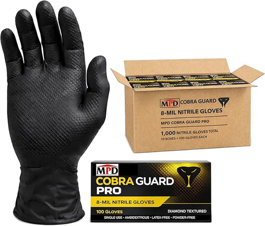 MPD Cobra Guard PRO Black 8-Mil Nitrile Gloves, Diamond Textured Torque Grip.