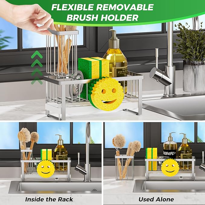 Sponge Holder for Kitchen Sink,Sink Caddy with Removable Dish Brush Holder,Self-Draining Kitchen Countertop Organizers and Storage Essentials,Soap Dispenser Organize and Home Decor-Silver